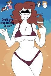 2d 2d_(artwork) 2d_artwork annoyed annoyed_expression ass background_characters beach beach_background big_breasts bikini breasts carmen_(spooky_month) holding_ice_cream ice_cream looking_at_viewer midriff milf question skimpy_bikini spooky_month tagme text thick_hips water