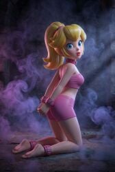 1girls 3d ai_generated ankle_cuffs barefoot blonde_female blonde_hair blue_eyes collar dark_background female female_focus female_only hands_behind_back light_skin looking_at_viewer mario_(series) on_knees pink_clothing ponytail princess_peach shorts skintight_clothing smoke stone_floor stone_wall tubetop wrist_cuffs