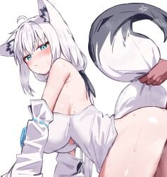1boy :/ animal_ear_fluff animal_ears aqua_eyes armpit_crease black_ribbon blush bottomless breasts closed_mouth commentary_request deaver detached_sleeves doggy_style female fox_ears fox_girl fox_tail from_side hair_ribbon highres hololive large_breasts long_hair looking_at_viewer paid_reward_available pentagram ribbon sex sex_from_behind shirakami_fubuki shirakami_fubuki_(1st_costume) sideboob simple_background straight tail tail_grab vest virtual_youtuber white_background white_hair white_vest wide_sleeves