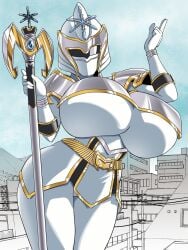 breasts building city giant_ass giant_breasts giantess helmet helmet_with_visor heroine large_breasts magimother mahou_sentai_magiranger milf miyuki_ozu power_rangers power_rangers_mystic_force staff super_sentai superheroine thick_thighs thighs udanna_(power_rangers) wizard