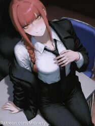 ai_generated arm_support artist_name black_jacket black_necktie black_pants black_suit blunt_bangs blush braid braided_ponytail breasts business_suit chainsaw_man chair closed_mouth coat collarbone collared_shirt dress_shirt female formal from_above hair_over_shoulder hand_on_own_chest head_tilt jacket large_breasts long_hair long_sleeves looking_at_viewer looking_up makima_(chainsaw_man) medium_breasts medium_hair mionety necktie off_shoulder office_lady open_clothes open_jacket orange_eyes pant_suit pants patreon_username red_hair ringed_eyes shirt shirt_tucked_in sidelocks simple_background single_braid sitting smile solo suit swivel_chair twitter_username web_address white_shirt yellow_eyes