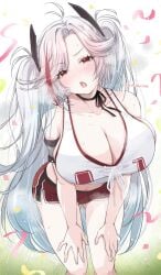 alternate_costume antenna_hair azur_lane bangs bare_shoulders black_choker black_ribbon blush breasts choker cleavage collarbone eyebrows_visible_through_hair female headgear huge_breasts large_breasts leaning_forward long_hair looking_at_viewer midriff mole_on_breast multicolored_hair navel open_mouth orange_eyes prinz_eugen_(azur_lane) prinz_eugen_(brilliant_touchdown)_(azur_lane) red_eyes red_hair ribbon shirt short_shorts shorts solo sportswear streaked_hair sweat tank_top thighs twintails twitter_username two-tone_hair two_side_up very_long_hair white_hair