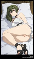 1girl, 4k, 8k, ai_generated anime_screencap, butt_view, cute, explicit_content, green_hair, hair_between_eyes, high_quality, lying, masterpiece, mature_female, medium_breasts medium_hair, mini_dress, nsfw, on_bed, on_side, perfect_body, perfect_feet, perfect_legs, polished_toenails, purple_eyes, sandals, sexy_outfit, side_ponytail, solo, sousou_no_frieren summer_top, thighs, ubel_(sousou_no_frieren)