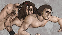 2boys anal anal_sex ass brown_hair dreadlocks gay jack_sparrow laying_on_top long_hair male muscular muscular_male nude one_eye_closed orlando_bloom pirate pirates_of_the_caribbean tagme tattoo will_turner yaoi