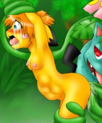 anthro balddumborat blush breasts color female fur furry guroratpyon insertion interspecies nintendo nipples outdoors pichu pokémon_(species) pokemon pokemon_(species) pokemon_gsc pokemon_rgby tagme venusaur vine vine_insertion