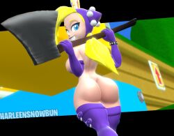 1girls 3d 3d_(artwork) alternate_version_available ass axe axe_over_shoulder back backboob big_ass big_breasts big_butt big_thighs blonde_hair blue_eyes boots bracelet breasts bubble_ass bubble_butt crown curvy dat_ass dat_butt elbow_gloves female female_only gloves hair_over_one_eye harleensnowbun holding_axe kabalmystic_(style) light-skinned_female light_skin lips long_hair looking_at_viewer looking_back looking_back_at_viewer mario_(series) naked nintendo nude outdoors purple_boots purple_gloves sharp_teeth solo spiked_bracelet thick thick_ass thick_butt thick_hips thick_thighs thighs wapeach wide_hips young