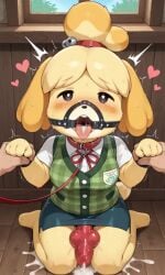 ai_generated animal_crossing collar cum cumming drooling futanari hands-free handsfree_ejaculation isabelle_(animal_crossing) knot leash muzzle_(object) muzzled orgasm panting petplay puppyplay