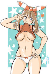 1girls areolae bandana blue_background blue_eyes blush bow bow_panties breasts brown_hair eyelashes female female_only hairbow hand_on_hips head_tilt heart human human_only looking_at_viewer may_(pokemon) may_(pokemon_oras) mouth_hold navel nintendo panties pokemon pokemon_oras ribbon samanator_club shirt shirt_lift short_hair sleeveless smile solo standing star text two_side_up underboob underwear v white_border