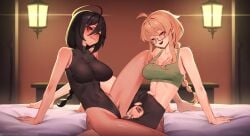 1boy 2girls :d ahoge arm_support aroused artoria_(artorius) backlighting bare_arms bare_legs bare_shoulders bike_shorts black_hair black_leotard black_shorts blue_eyes blush borrowed_character braid braided_ponytail breasts brown_eyes cleavage closed_mouth clothed_female_nude_male collarbone commentary commission covered_navel cowgirl_position cum cum_in_pussy cum_overflow english_commentary ffm_threesome green_tank_top groin group_sex highleg highleg_leotard highres indie_virtual_youtuber indoors lantern large_breasts leotard linea_alba long_hair looking_at_another looking_over_eyewear low-tied_long_hair medium_breasts midriff multiple_girls nude on_bed open_mouth orange_hair original penis pov pov_crotch pubic_tattoo pussy rectangular_eyewear rolling_eyes saliva semi-rimless_eyewear sex shorts smile smirk straight sweat tan tank_top tattoo taut_leotard teeth threesome torn_bike_shorts torn_clothes tostantan turtleneck turtleneck_leotard twitching uncensored under-rim_eyewear upper_teeth_only vaginal_penetration variant_set very_long_hair virtual_youtuber whiskey_project