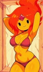 adventure_time ai ai-created ai_art ai_generated arms_behind_head bikini bikini_bottom bikini_top breasts elemental_humanoid female_focus fire fire_creature flame flame_princess flames flaming_hair orange_body pixai princess red_bikini red_hair sexy sexy_body sexy_pose swimsuit swimwear