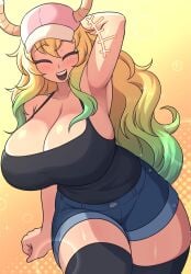 1girls baseball_cap black_skirt boobs boobs_bigger_than_head breasts breasts_bigger_than_head canon_breast_size child_bearing_hips cleavage closed_eyes curvaceous curvy curvy_female curvy_figure digital_drawing_(artwork) digital_media_(artwork) dragon_horns dragon_maid hand_behind_head hat horns hourglass_figure hourglass_figured_female huge_breasts jean_shorts jpg kobayashi-san_chi_no_maidragon littlej_(zi19191) lucoa lucoa_(maidragon) massive_breasts miss_kobayashi's_dragon_maid multicolored_hair quetzalcoatl_(dragon_maid) shiny shiny_clothes shiny_hair shiny_skin simple_background smile smiling solo solo_female solo_focus sparkles thick_legs thighhighs thighs twitter_link two-tone_background voluptuous voluptuous_body voluptuous_female wide_hips
