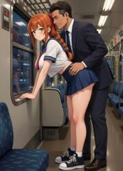 age_difference age_gap ai_generated big_breasts braid breasts business_man business_suit chikan clothed converse from_behind green_eyes holding_hips huge_breasts large_breasts leaning_forward middle_aged_male old_man older_male older_male_and_younger_female orange_hair pleated_skirt public public_transportation school_uniform skirt suit tagme train weird_proportions