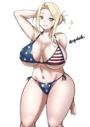 absurdres agodashi american_flag american_flag_bikini american_flag_print bikini blonde_hair blue_eyes breasts commentary_request feet_out_of_frame female flag_print flag_print_bikini hair_bun highres kantai_collection large_breasts one-hour_drawing_challenge parted_lips print_bikini side-tie_bikini_bottom sidelocks simple_background solo standing swimsuit twitter_username wasp_(kantai_collection) white_background