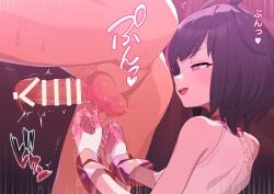 1boy anus bar_censor bare_shoulders black_hair blush breasts censored clothed_female_nude_male commentary covered_nipples female femdom highres large_variant_set lube multicolored_hair nude open_mouth original paid_reward_available penis purple_eyes purple_hair robo_mikan short_hair sleeveless small_breasts smile straight streaked_hair testicles translation_request two-tone_hair variant_set