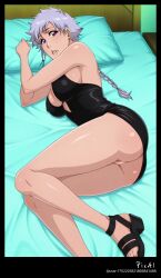 1girl, 4k, 8k, ai_generated anime_screencap, bleach:_the_thousand-year_blood_war bleach_tybw_style, braid, butt_view, explicit_content, full_body, hair_braid, high_quality, isane_kotetsu, kotetsu_isane kotetsu_isane, lying, masterpiece, mature_female, medium_breasts mini_dress, nsfw, on_bed, on_side, perfect_body, perfect_feet, perfect_legs, polished_toenails, purple_eyes, purple_hair, sandals, sexy_outfit, short_hair, solo, summer_top, thighs,