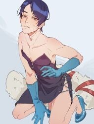 collarbone crossdressing exposed_shoulders gloves heels looking_at_viewer male male_only minidress on_knees persona_5 skinny twink yusuke_kitagawa zipper_pull_tab