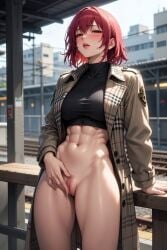 1girls abs ai_generated blush dripping_pussy exhibitionism exhibitionist exposed_midriff exposed_pussy female female_only human_female muscular_female naked_pussy outside partially_clothed public public_nudity red_hair risk_of_being_caught risk_of_discovery short_hair small_breasts strong_female strong_woman touching_pussy trenchcoat urban_background wet wet_pussy