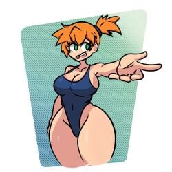 alternative_bust_size asymmetrical_hair bare_shoulders blue_one-piece_swimsuit blue_swimsuit breasts clavicle cleavage clothing covered_navel curvaceous female green_eyes groin highleg highleg_swimsuit kasumi_(pokemon) large_breasts looking_to_the_side navel one-piece_swimsuit open_mouth orange_hair outstretched_arm plantita_feliz pokemon ponytail short_hair side_ponytail sideboob slender_waist smile standing swimsuit teeth thick_thighs thighs tied_hair upper_teeth upper_teeth_only wide_hips
