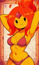 adventure_time ai ai-created ai_art ai_generated arms_behind_head bikini bikini_bottom bikini_top breasts elemental_humanoid female_focus fire fire_creature flame flame_princess flames flaming_hair orange_body pixai princess red_bikini red_hair sexy sexy_body sexy_pose swimsuit swimwear