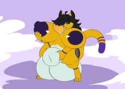 2025 animal_genitalia anthro balls big_breasts black_hair bodily_fluids breasts digital_media_(artwork) digitigrade dipstick_tail domestic_cat felid feline felis front_view fully_sheathed genitals gynomorph hair hand_on_breast huge_breasts implied_transformation intersex looking_down mammal markings nipples nude robertge sheath smoke solo standing surprised sweat sweatdrop tail tail_markings yellow_body