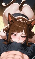 ai_generated animal_ear_fluff animal_ears ass ass_focus ass_up bangs brown_eyes brown_hair bulge bulge_rubbing bulge_through_clothing bulge_under_clothes cat_ears cat_girl cat_humanoid cat_tail catgirl demon_slayer kimetsu_no_yaiba long_hair looking_down mizuki_hoshizora my_hero_academia nibbling nibbling_penis original_character pale_skin penis_lick tail tailwag