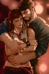 bare_midriff beard belt braid braided_hair brown_eyes brown_hair chun-li couple couple_(romantic) height_difference long_hair madbedlam midriff_baring_shirt ryu_(street_fighter) sfw street_fighter