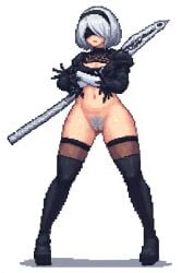 1girls 2b_(nier:automata) ai_assisted ai_generated arms_crossed black_blindfold black_hairband blindfold female female_only hairband light-skinned_female light_skin nier:_automata pixel_art pubic_hair solo solo_female thick_thighs thighhighs weapon weapon_on_back white_background white_hair white_pubic_hair wide_hips yorha_2b