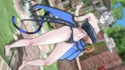 1girls 3d abdomen arias_the_labrynth_butler bandage black_nails blue_eyes closed_mouth demon demon_girl demon_horns demon_tail demon_wings duel_monster female fringe hi_res huge_breasts koiking_(artist) light_skin low-angle_view model monocle navel painted_nails panties pointy_ears ponytail pose side_view silver_hair solo standing tail underwear wings younger_female yu-gi-oh!