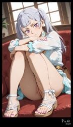 1girls 4k 8k ai_generated bangs black_clover couch female female_only noelle_silva sandals solo