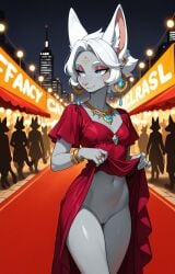 1girls 2026 ai_generated anthro blue_eyes bracelet crowd dress dress_lift earrings eyeshadow fancy_clothing female female_only flashing flashing_pussy gold_jewelry grey_body hi_res inner_ear_fluff innie_pussy jewelry mineru necklace night nintendo no_panties pussy red_carpet short_hair smile the_legend_of_zelda the_legend_of_zelda:_tears_of_the_kingdom walking white_hair zonai zonoya_(artist)