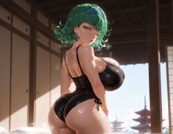 ai_generated alternate_breast_size architecture ass black_one-piece_swimsuit breasts curly_hair earrings east_asian_architecture female from_behind green_eyes green_hair hairband huge_breasts jewelry looking_at_viewer looking_back one-piece_swimsuit one-punch_man short_hair solo sweat swimsuit tatsumaki thighs wet