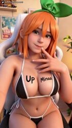 1girl 3d 3d_(artwork) ai_generated big_ass big_breasts bikini bra breasts brown_eyes cosplay female female_focus hair_ornament micro_bikini orange_hair panties real_person selfie sexyexxchi short_hair smile solo tattoo thighs upminaa woman women