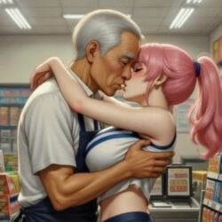 against_surface age_difference aged_up ai_assisted ai_generated big_breasts carrying_partner cheerleader cheerleader_uniform clothed_sex convenience_store grandfather invisible_penis kissing lifting oc old_male old_man older_male older_male_and_younger_female passionate pink_hair ponytail public_sex riding skin_contrast squeezing squeezing_breast tagme video
