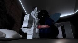 absurd_res anthro arthropod balls bee big_balls black_body black_fur black_hair blue_body blue_fur canid canine dpin duo femboy fur genitals hair hi_res hymenopteran insects knot male male/male mammal roblox robloxian vicious_bee white_body white_fur white_hair