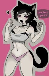 1girls 2d anex_(artist) ashley_graves black_hair blush bra breasts cat_ears cat_tail catgirl choker cleavage english_text fangs female female_only looking_at_viewer panties pink_eyes ponytail solo solo_female the_coffin_of_andy_and_leyley