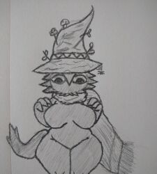 1girls black_body black_hair boobs breasts fur greyscale gurian_(species) hat kinn_krinso no_nipples numinosa pencil_(artwork) scarf thick_thighs thighs twitter_user_oc witch_hat youtube_hispanic youtuber