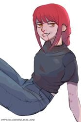 1girls 2024 2d 2d_(artwork) blank_background bloody_nose chainsaw_man clothed_female ear_piercings makima_(chainsaw_man) piercings ponytail red_hair redhead_female smiling smiling_at_viewer solo solo_female twitter_url white_background zero_dead_zone