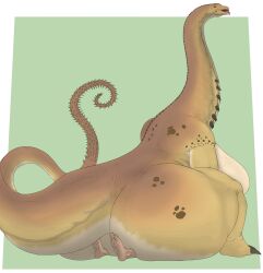 anthro ass big_breasts big_butt breasts dinosaur duo elangelote female green_background hi_res huge_breasts huge_butt human larger_female long_neck male male/female mammal non-mammal_breasts prehistoric_species reptile saurischian sauropod sauropodomorph scalie simple_background size_difference spikes tagme tail tongue tongue_out