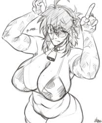 1girl big_breasts bikini blush blushing breasts charlotte_(nr4ces) chubby chubby_female cow_print cow_print_bikini cowbell curvaceous curvy curvy_hips fake_animal_ears fake_horns female glasses looking_at_viewer nerd nerdy_female nr4ces pointing_up sec4
