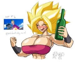 background_characters big_breasts blonde_hair blush cabba caulifla dragon_ball drinking drunk drunk_blush drunk_bubble kale nickolewds reference_image simple_background watermark white_background