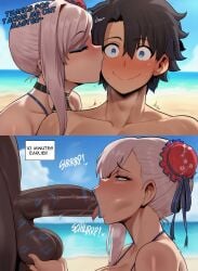 1girls 2boys ai_generated balls balls_fondling beach big_penis blowjob blue_lipstick blush cheating cuck cuckold dark-skinned_male dark_skin english_text eyeshadow fate/grand_order fate_(series) fellatio female fujimaru_ritsuka_(male) generic_dark-skinned-muscular_male gudao interracial kiss kiss_mark kiss_on_cheek kissing lipstick lipstick_mark lipstick_on_balls lipstick_on_penis lipstick_ring male miyamoto_musashi_(fate) miyamoto_musashi_(swimsuit_berserker) netorare ntr oral penis rengchan smile sweat swimsuit text tongue tongue_out tongue_out_blowjob