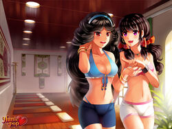 2girls accurate_art_style beli_lapran bikini_top black_hair breasts cleavage female female_only female_with_female fully_clothed headband huniepop kyanna_delrio large_breasts latina long_hair medium_breasts multiple_females purple_eyes red_eyes shorts tight_shorts walking yoga_pants