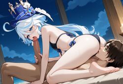 69 69_position ai_assisted ai_generated ass attack_on_titan beach bikini blowjob crossover cunnilingus edit edited eren_jaeger feet furina_(genshin_impact) genshin_impact looking_at_partner sea sexy_body shingeki_no_kyojin