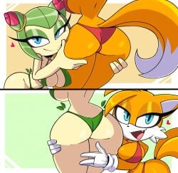 2d 2d_(artwork) 2girls 4kids_entertainment alien alien_girl alien_humanoid anthro anthro_female ass_focus ass_grab bikini bikini_bottom bikini_top blue_eyes breasts cosmo_the_seedrian elemental_creature eyelashes eyeliner eyeshadow female female/female female_only flora_fauna fox fox_girl furry furry_female genderswap_(mtf) gloves green_hair heart looking_at_viewer miles_tails_prower nelljoestar plant_girl plant_humanoid rule_63 seedrian sega shameless skimpy skimpy_bikini skimpy_clothes sonic_(series) sonic_the_hedgehog_(series) sonic_x swimsuit tail tails_the_fox tailsko tms_entertainment white_body white_skin yellow_fur yuri