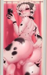 absurd_res anthro anus ass balls big_butt bracelet butt_pose canid canine canis collar domestic_dog eyeliner femboy flaccid floppy_ears foreskin fur genitals heterochromia hi_res humanoid_genitalia humanoid_penis jewelry makeup male mammal mirror mirror_reflection mirror_selfie nude_anthro nude_male penis pink_nose pose puppybf reflection selfie solo spiked_bracelet spiked_collar spiked_hairband spikes taking_picture taking_selfie white_body white_fur