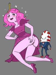 adventure_time after_sex anus ass bent_over black_eyes blush bottomless breasts cartoon_network crown cum cum_in_pussy cum_inside dontfapgirl dress female high_heels living_candy looking_back male open_mouth penis peppermint_butler pink_hair pink_skin princess_bubblegum pussy short_hair simple_background smile straight suit thick_thighs