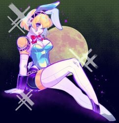 1girls aigis_(persona) bangs blonde_hair blue_bunnysuit blue_eyes blush breasts bunny_ears bunny_tail bunnysuit collar_only cute female female_only hair hairband karumi_jpg leg_up leotard looking_at_viewer looking_to_the_side moon multicolored_eyes open_mouth persona persona_3 pink_eyes pinup posing red_ribbon ribbon robot robot_girl robot_humanoid robot_joints short_hair sitting solo stubby_feet thighs white_skin