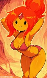 adventure_time ai ai-created ai_art ai_generated arms_behind_head bikini bikini_bottom bikini_top breasts elemental_humanoid female_focus fire fire_creature flame flame_princess flames flaming_hair orange_body pixai princess red_bikini red_hair sexy sexy_body sexy_pose swimsuit swimwear