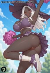 ;d ai_generated arm_up armpits ass blue_sky blurry blurry_background blush breasts cheerleader cleavage cleft_of_venus cloud crop_top dark-skinned_female dark_skin day elden_ring elden_ring_nightreign female foot_out_of_frame hat holding holding_pom_poms large_breasts leg_up long_hair looking_at_viewer midriff miniskirt no_panties one_eye_closed open_mouth outdoors pikkiwynn pleated_skirt pom_pom_(cheerleading) purple_eyes purple_footwear purple_skirt pussy recluse_(nightreign) shoes skirt sky smile sneakers socks solo standing standing_on_one_leg teeth thighs upper_teeth_only white_hair white_socks witch_hat