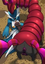 absurd_res animal_genitalia animal_penis anthro anus backsack balls blue_hair bodily_fluids breasts duo equine_anus equine_genitalia equine_penis fakesword female feral gardevoir generation_3_pokemon generation_5_pokemon genitals hair hi_res imminent_sex male male/female medium_breasts nervous nervous_look nervous_sweat nintendo orange_eyes penis pokemon pokemon_(species) red_body scolipede sweat white_body white_skin yellow_eyes